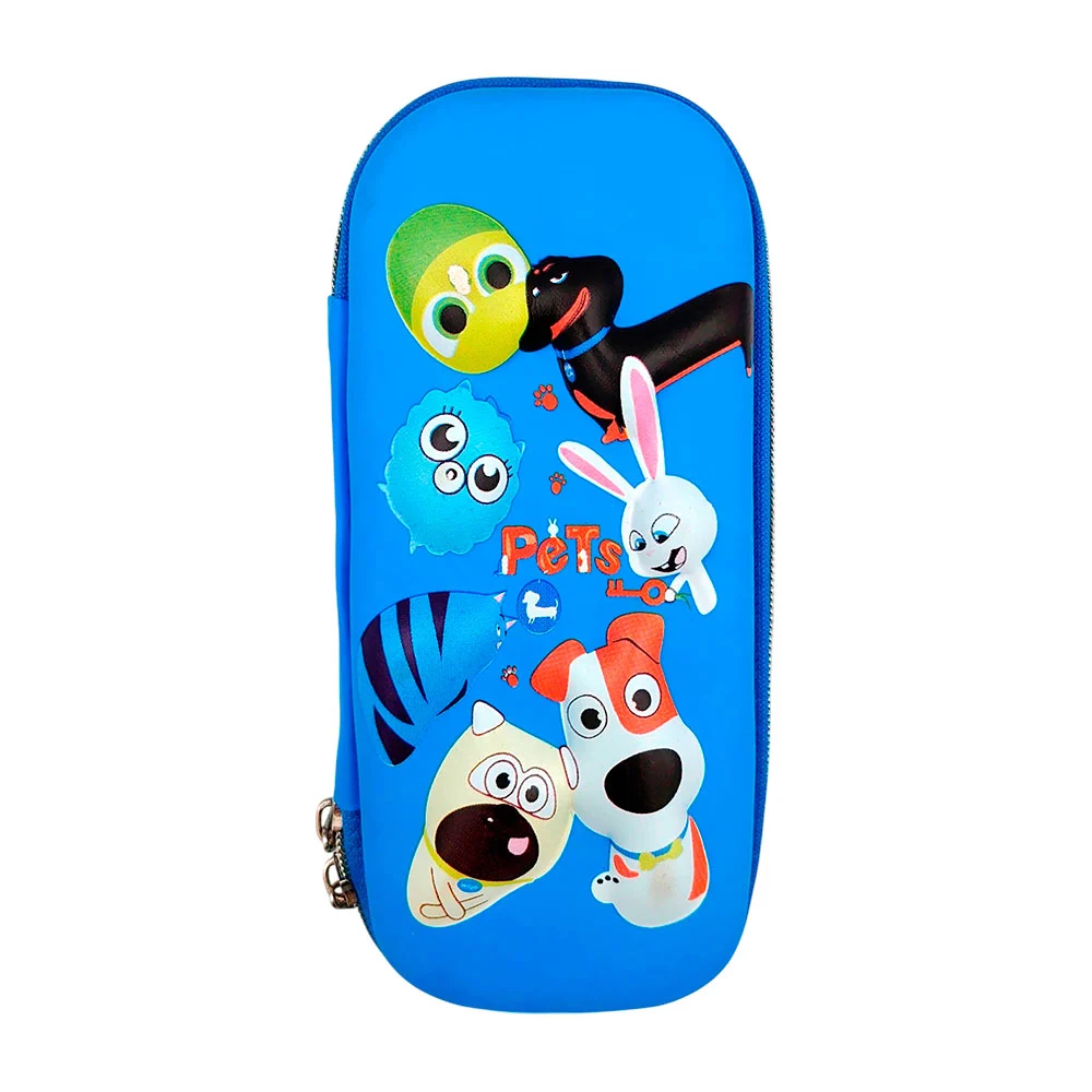 Lapicera con múltiples compartimentos internos relieve 3D, estampado de mascotas