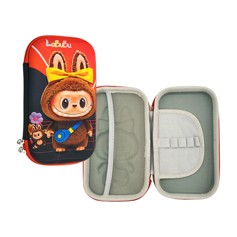 Estuche lapicera rectangular mediana con 3 compartimentos, diseño tipo relieve y estampado de labubu, variedad de colores / 9905