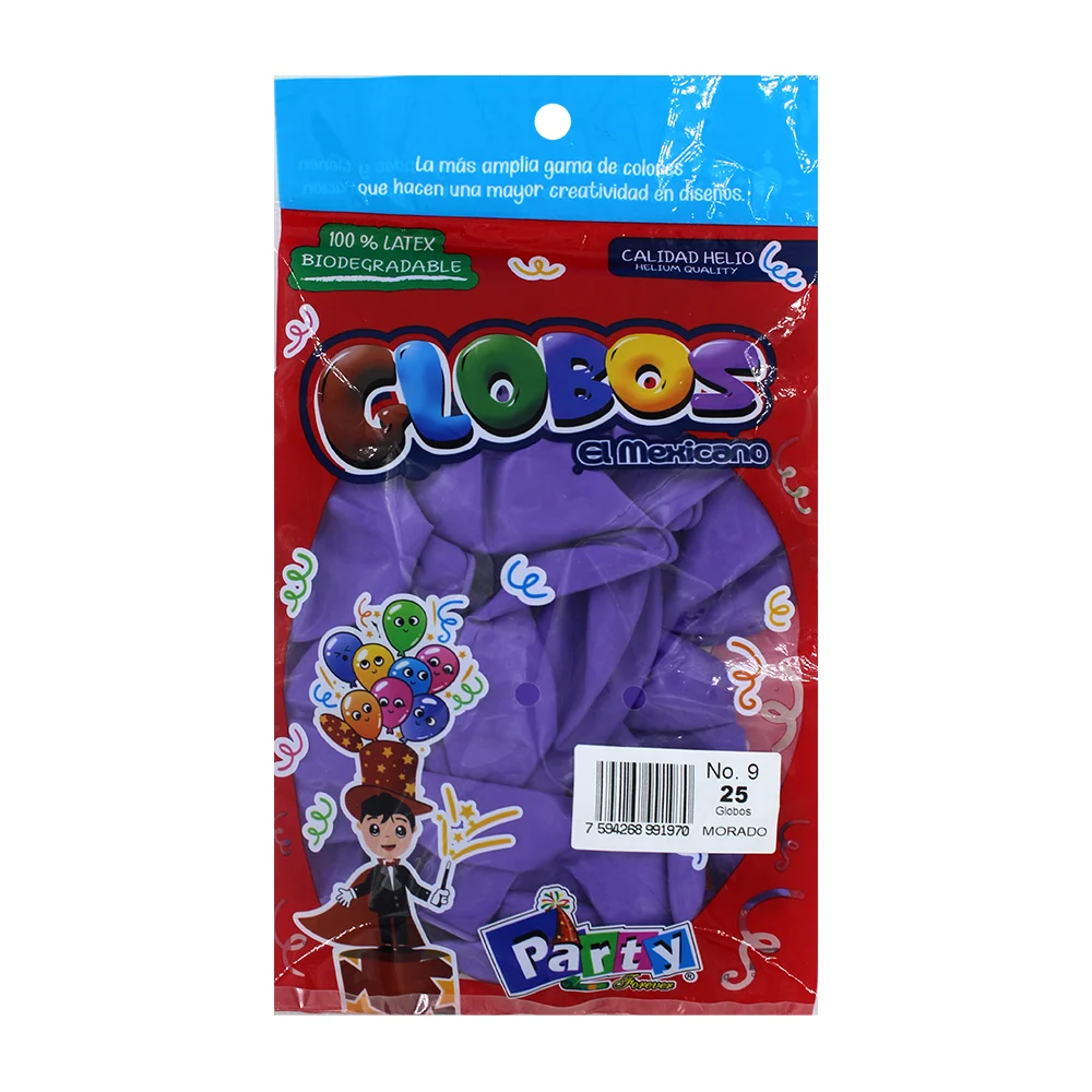 Paquete con 25 globos de látex en color morado del no. 9 / globos el mexicano