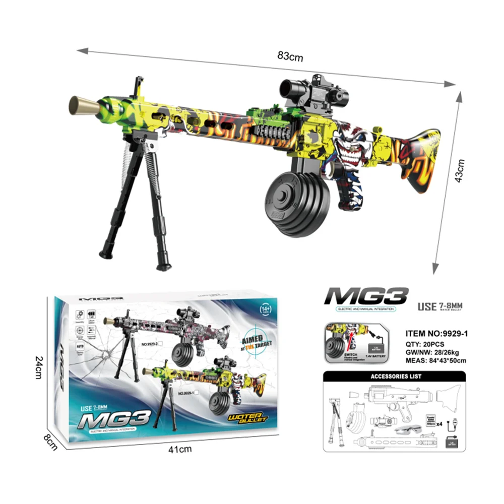 Pistola de hidrogel tipo metralleta mg3 con accesorios, variedad de diseños / 9929-3 / 9929-1