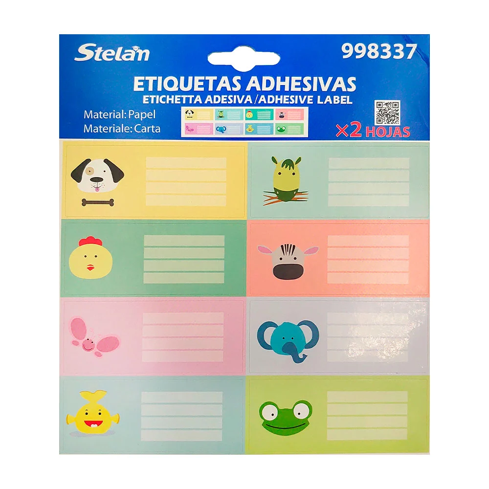Blister de papelería con 2 hojas de etiquetas adhesivas medianas, con diseño infantil, variedad de modelos / stelan / 2 hojas