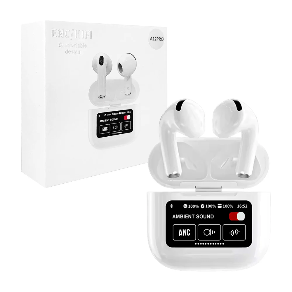Audífonos inalámbricos bluetooth + estuche de carga con pantalla digital y cable tipo c a tipo c / enc/hifi / a12pro
