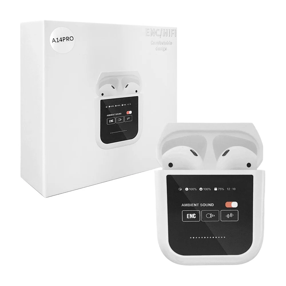 Audífonos inalámbricos bluetooth + estuche de carga con pantalla digital y cable tipo c a tipo c / enc/hifi / a14pro