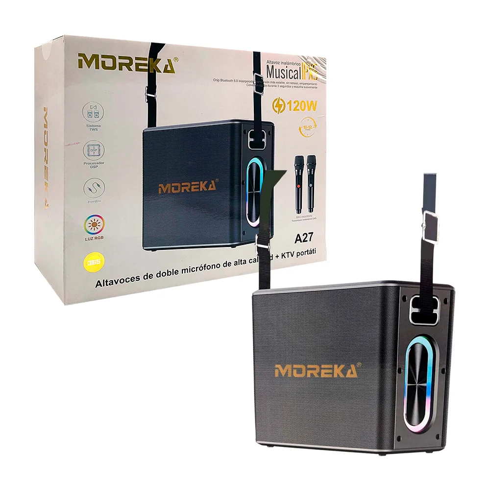 Bocina bluetooth moreka con luces rgb, correa ajustable y 2 micrófonos inalámbricos / a27