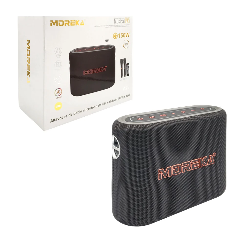 Set de bocina y micrófonos moreka con entrada tipo c, auxiliar, usb, 2 micrófonos, control remoto y asa colgante, variedad de funciones / a28 / 150w
