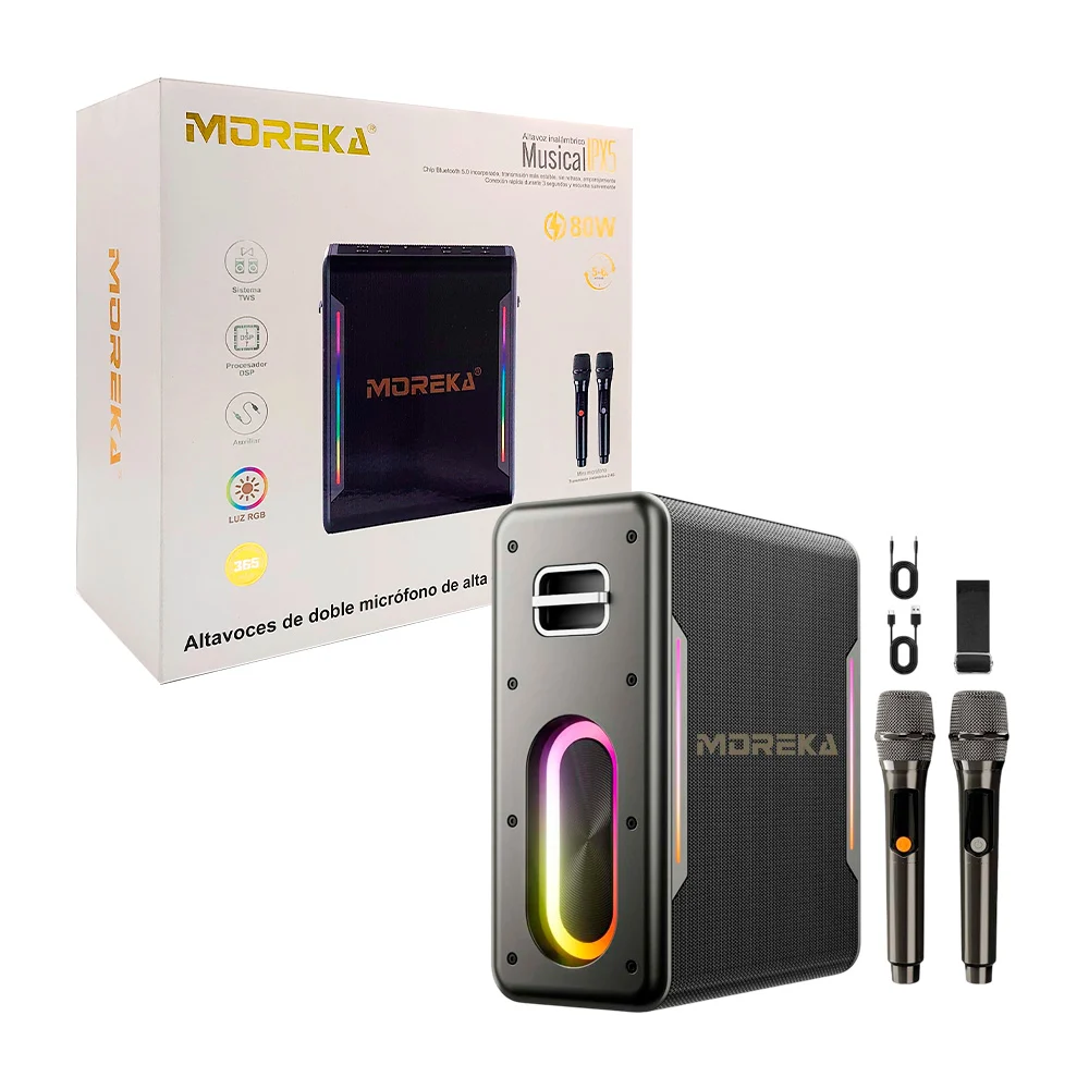 Juego de 1 bocina y 2 micrófonos moreka inalámbricos de alta calidad, portátil, recargable, con detalles en rgb, 80w y correa acolchada para colgar / a29