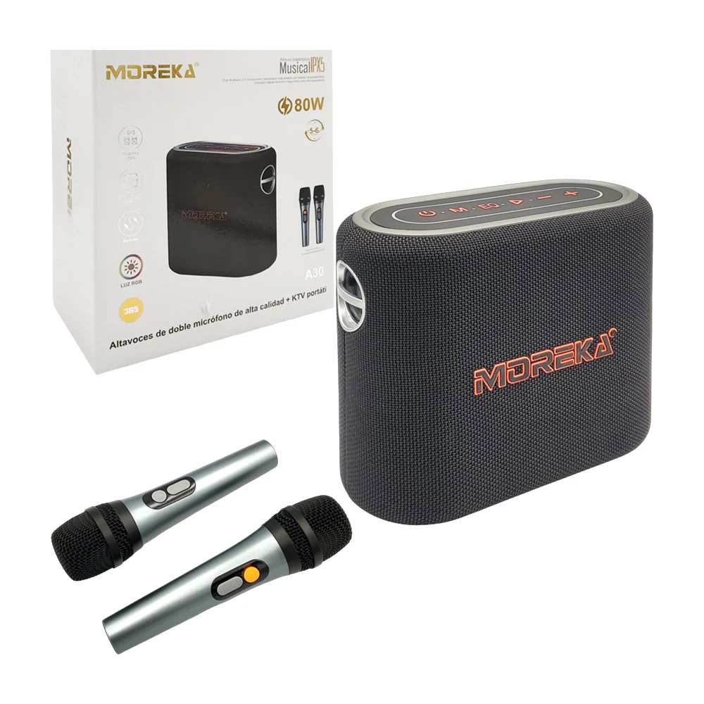 Set de bocina y micrófonos moreka con entrada tipo c, auxiliar, usb, 2 micrófonos, control remoto y asa colgante, variedad de funciones / a30 / 80w
