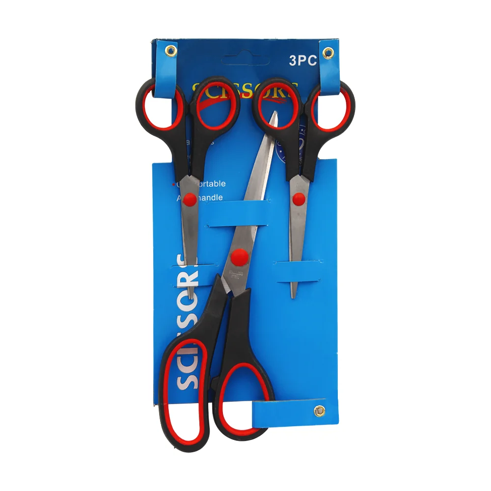 Blíster de papelería con 3 tijeras metálicas y mango de plástico bicolor, variedad de medidas / scissors / a4137