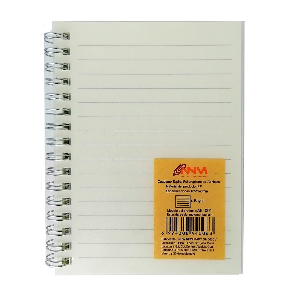 Cuaderno libreta pequeña con 70 hojas de raya, doble espiral metálico y pasta transparente / a6-001 / sa6-001