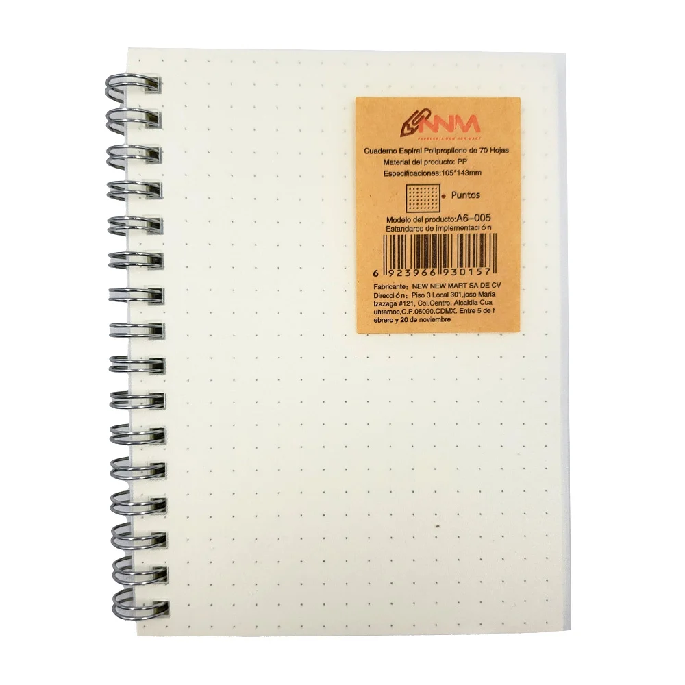 Cuaderno / libreta con doble espiral, pasta transparente y 70 hojas páginas de puntos para trazo 105x143mm / nnm / a6-005