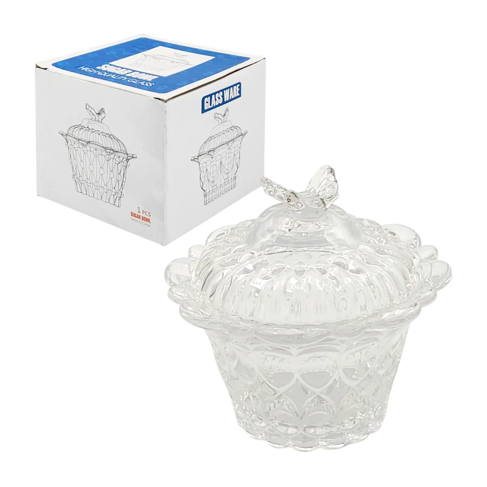 Recipiente de vidrio tipo azucarera, con tapa en forma de mariposa, multifuncional / 11.5x11.5x11.5cm / sugar bowl / a7577 / a7574 / a7576