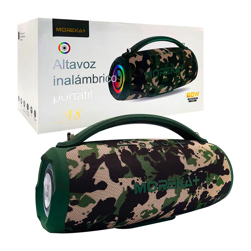 Bocina cilíndrica grande moreka con agarradera y detalles en rgb, con entrada usb, tipo c, auxiliar y resistencia ipx6, variedad de colores / a8