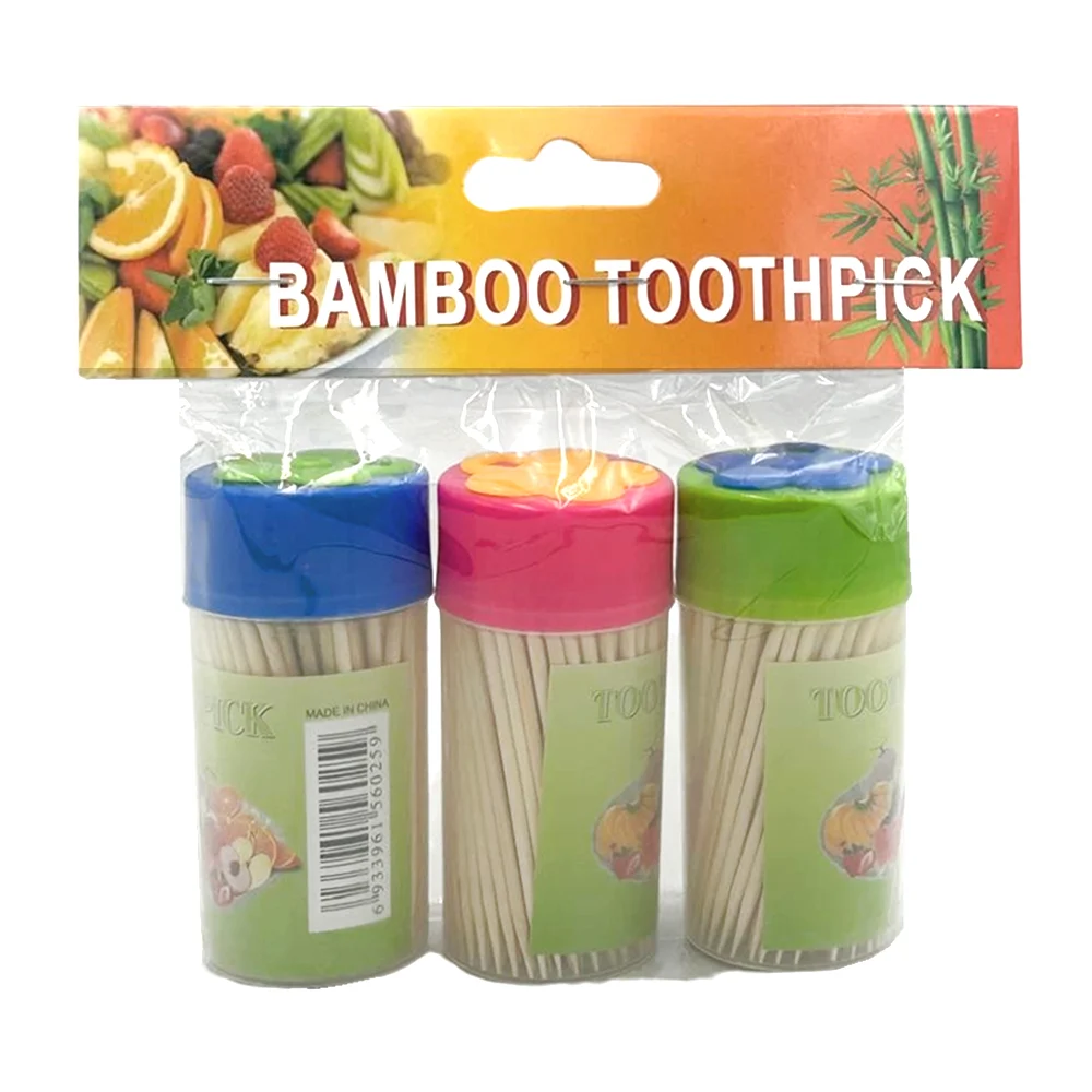 Paquete 3 botes con 150 palillos de bambú para dientes y tapa con figura de flor / bamboo toothpick / a8104