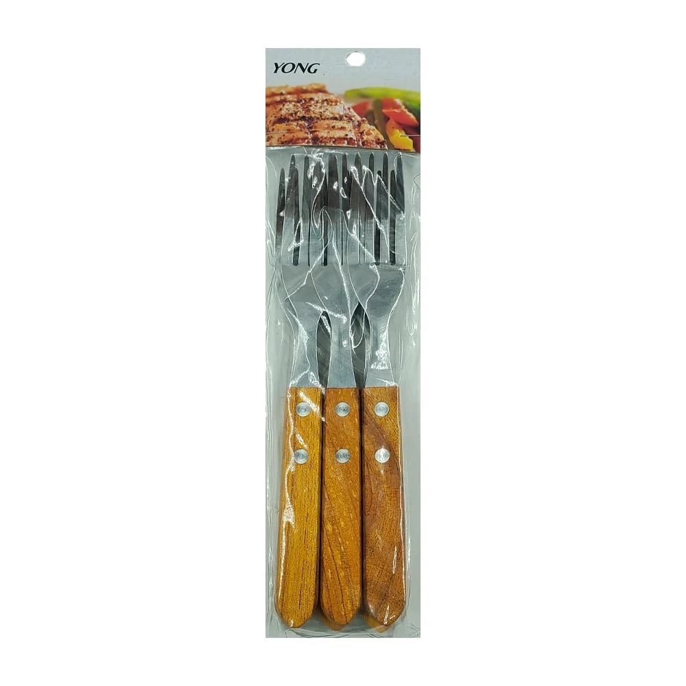 Paquete 6 tenedores metálicas de acero inoxidable con mango de madera / yong / bb-1121-8
