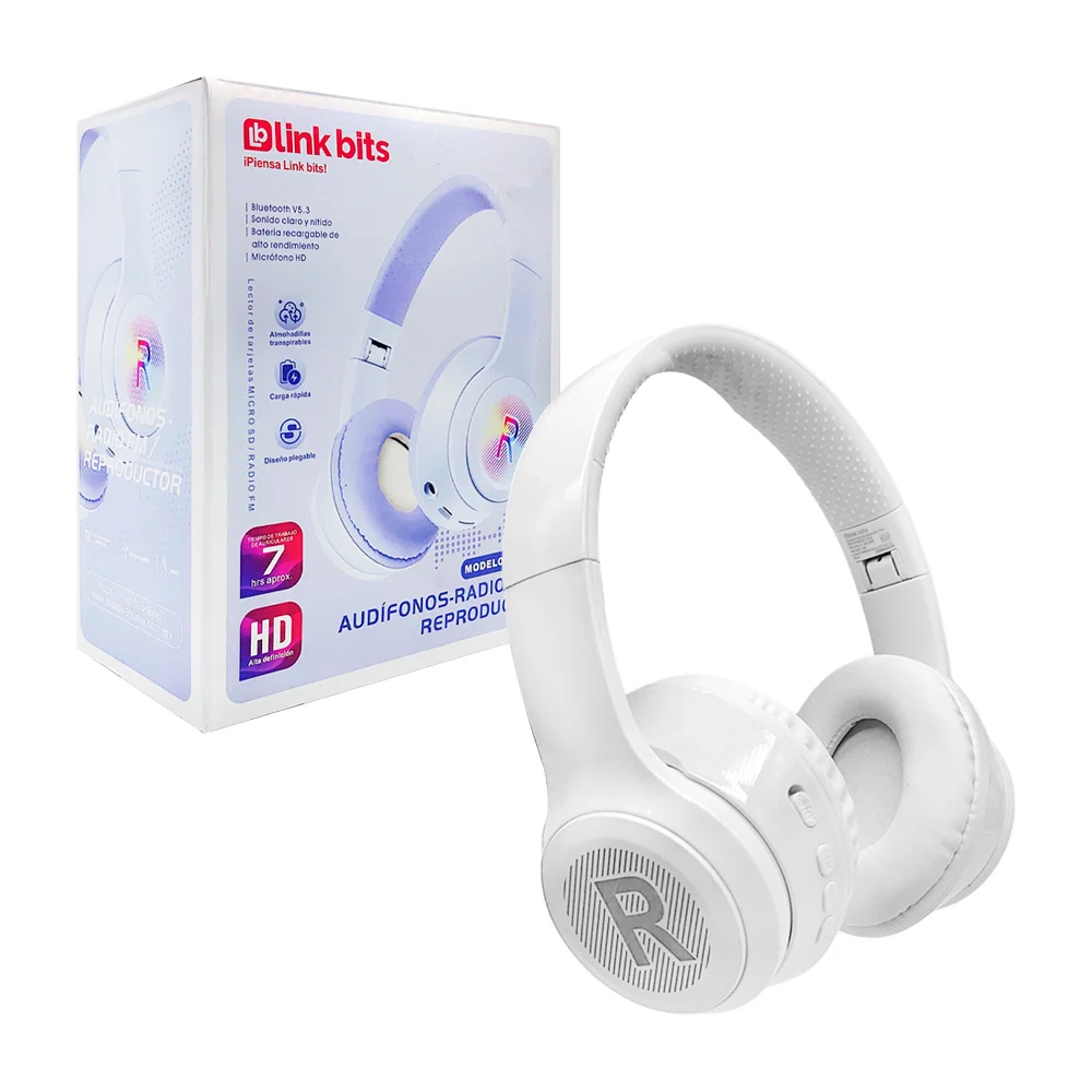 Audífonos diadema bluetooth link bits, diseño de L y R lateral con luz rgb + ranura para sd - aux, variedad de colores / bg-142
