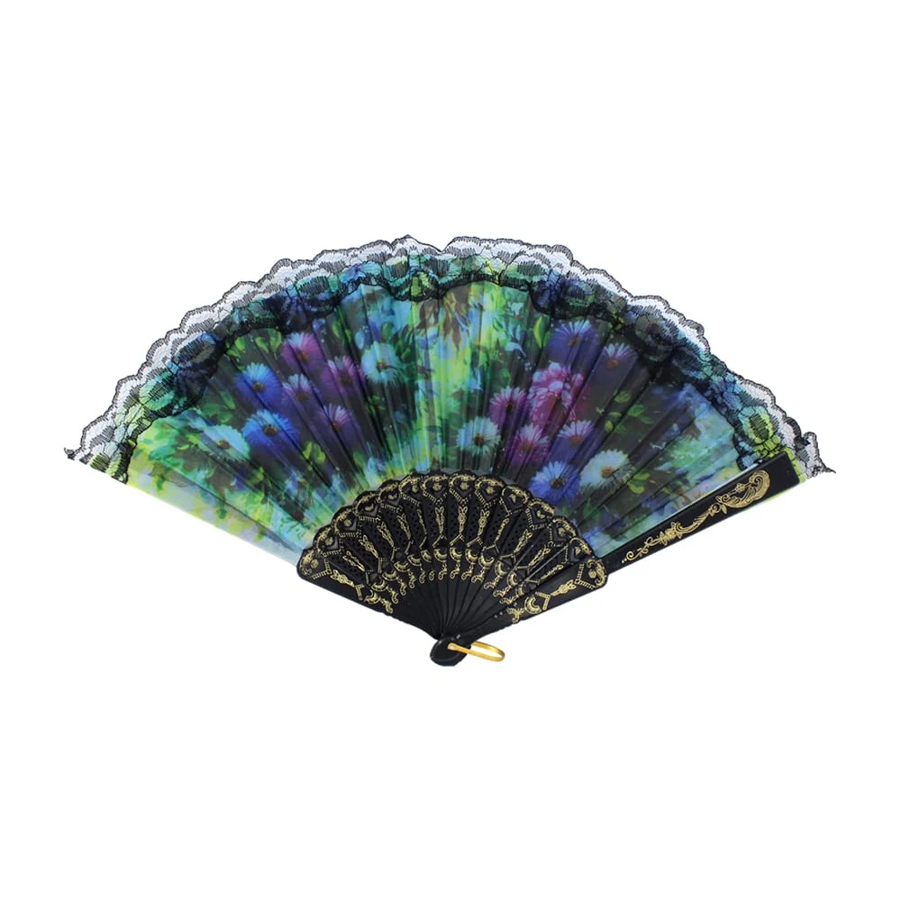 1pza Abanico de tela con diseño de flores + encaje negro y mango de plástico color negro con detalles dorados, variedad de colores / fs-16