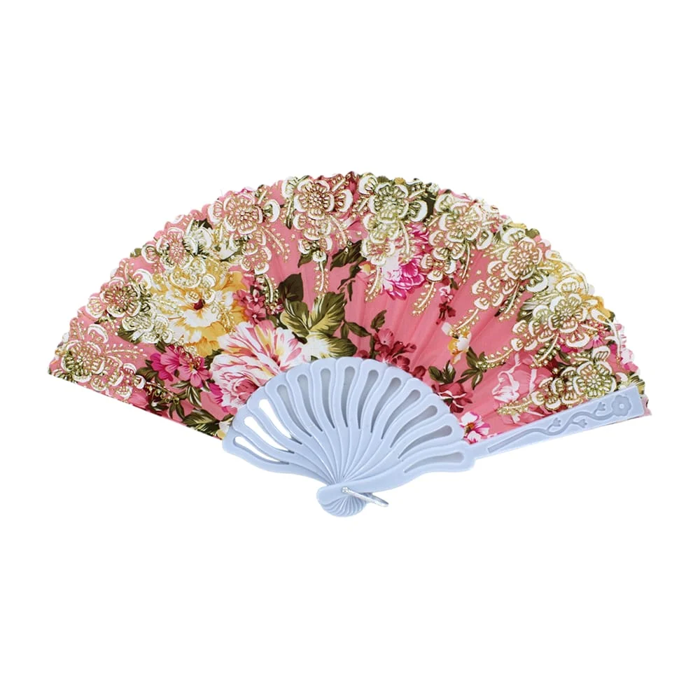1pza Abanico de tela con diseño de flores + diamantina dorada y mango de plástico con relieves de flor hojas, variedad de colores / ab-52 / e5236