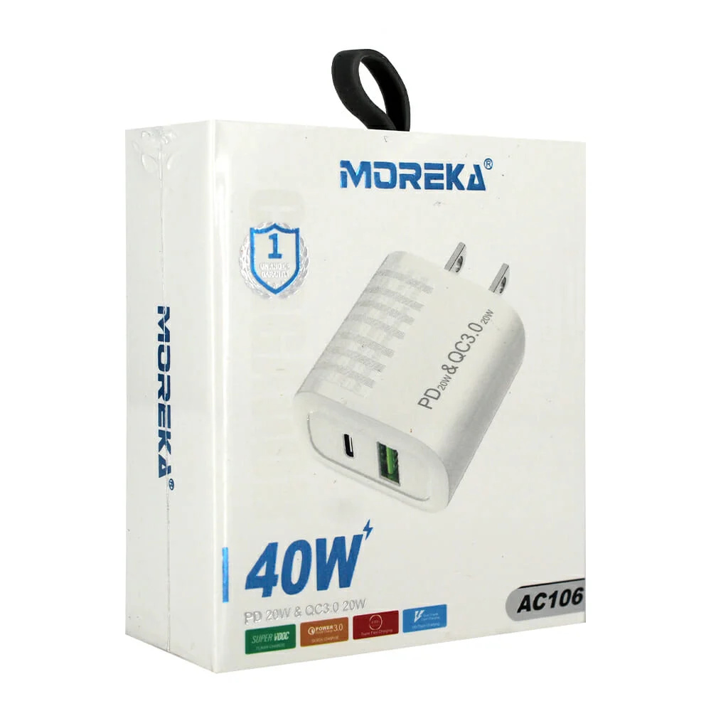 Cubo cargador moreka con puerto usb y puerto tipo-c de 40w / ac106