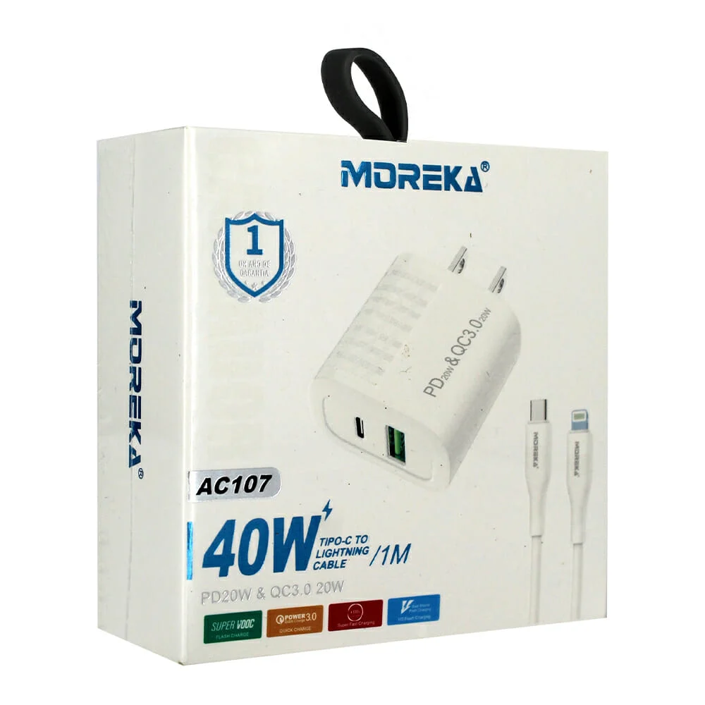 Combo cargador moreka con cable tipo-c a lighting de 1 metro para 40w / ac107