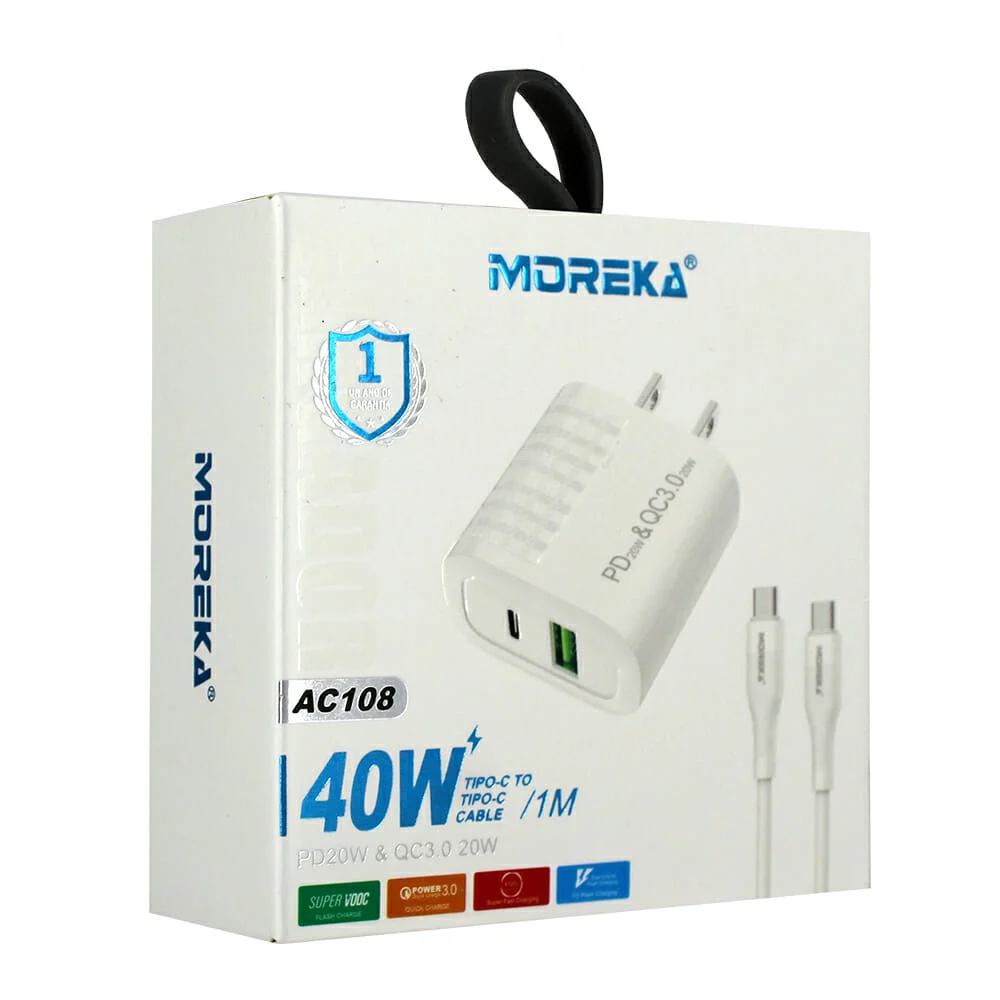 Combo cargador moreka con cubo entrada usb y tipo-c y cable de 1 metro de tipo-c a tipo-c 40w / ac108