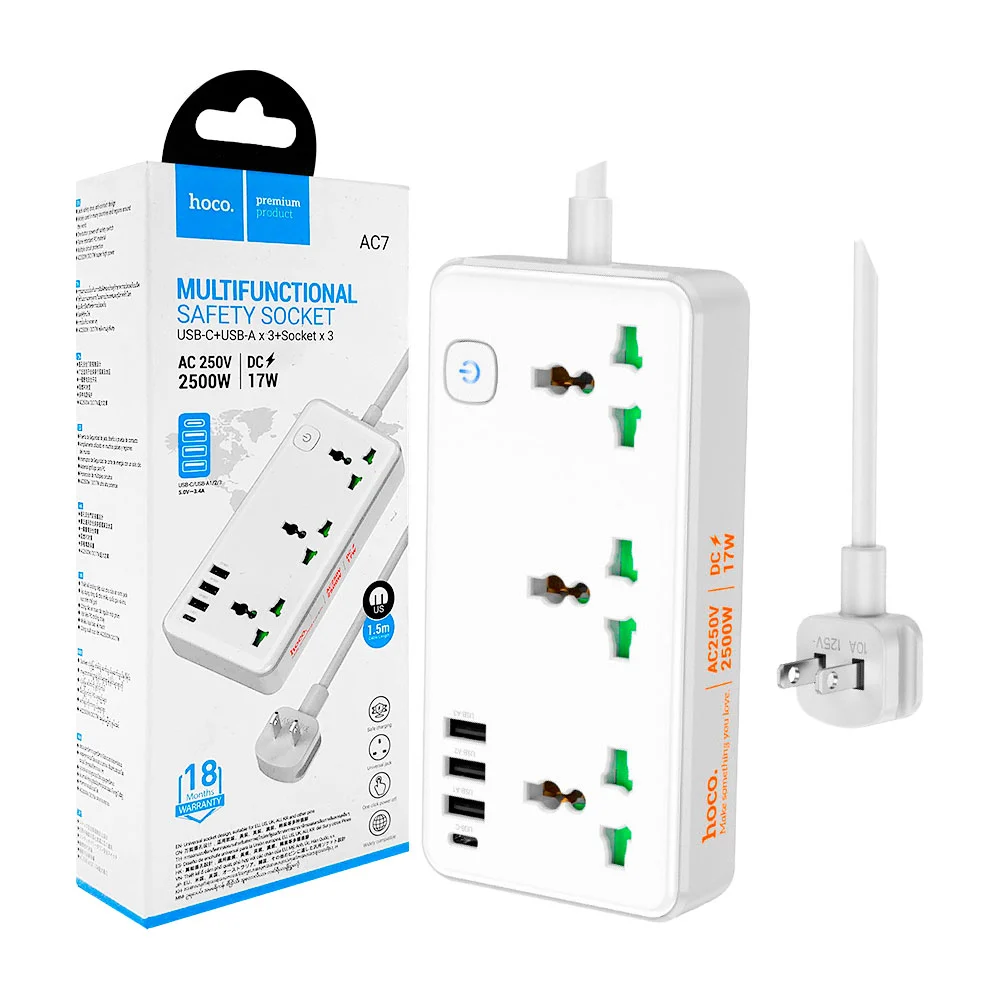 Extensión eléctrica multicontacto multifuncional de 1.5m con 3 tomacorrientes 2500w, 3 puertos usb-a + 1 usb-c de 17w / ac7 / multifunctional safety socket