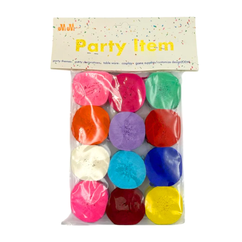 Paquete con 12 diversos rollos de papel de china tipo serpentina para decoración, variedad de colores / 747116