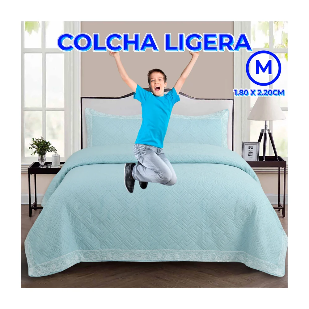 Colcha cubrecama matrimonial de textura afelpada con diseño de rombos con encaje + 2 fundas para almohada, variedad de colores / 180x220cm
