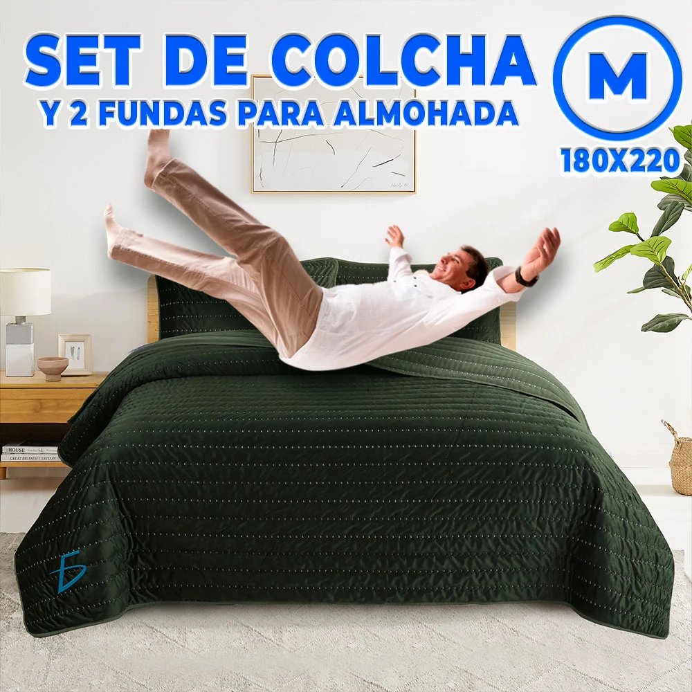 Cobija cubrecamas matrimonial de textura afelpada con diseño bordado + 2 fundas para almohada, variedad de colores / 180x220cm