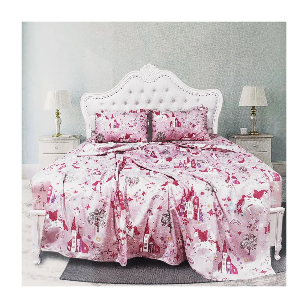 Juego 2 sábanas y 2 fundas para almohada con diseño de castillos, unicornios y flores / almo.22.150cm