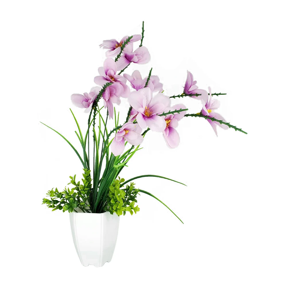 Maceta decorativa en forma hexagonal color blanco con flores y pasto alto artificial, variedad de colores / ap026