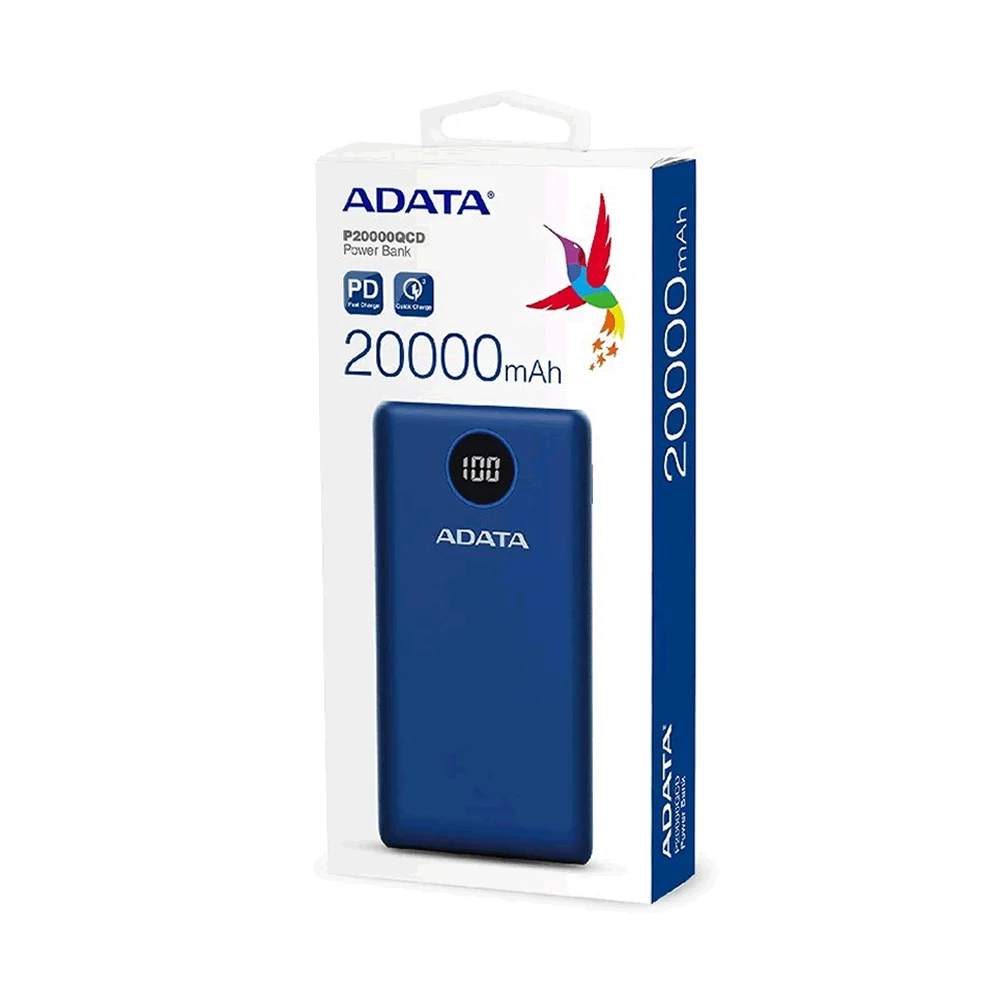 Power bank batería portátil adata color azul con 2 puertos usb, puerto usb-c y capacidad para 20000mah / p20000qcd