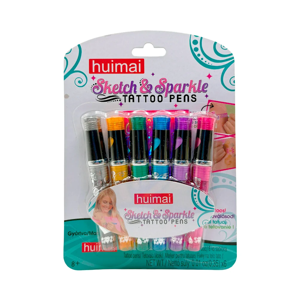Blíster con 6 plumas y planilla para hacer tatuajes temporales / huimai