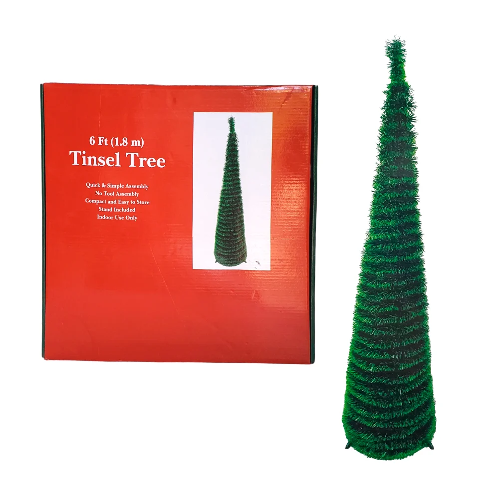 Árbol de navidad enrollable con base metálica y diseño blanco con estrellas metálicas colgantes 1.8m, variedad de colores / tinsel tree / zy-xss30