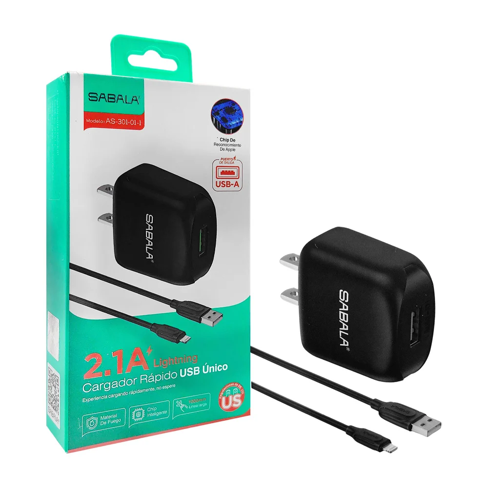 Combo cubo cargador sabala con puerto usb + cable usb de 1m con entrada lightning, 2.1a / as-301-01-1