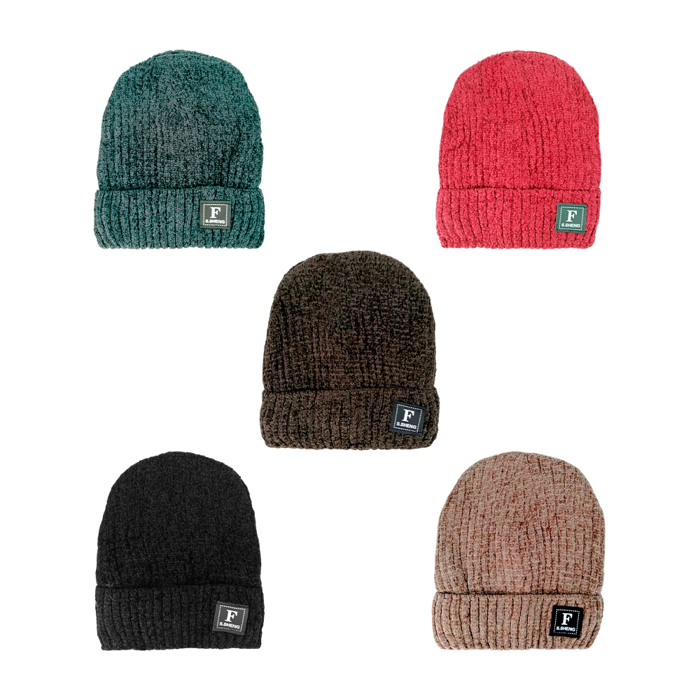 Gorro grande tejido con textura afelpada por dentro, diseño liso con logo f s.sheng, variedad de colores / ay-1327