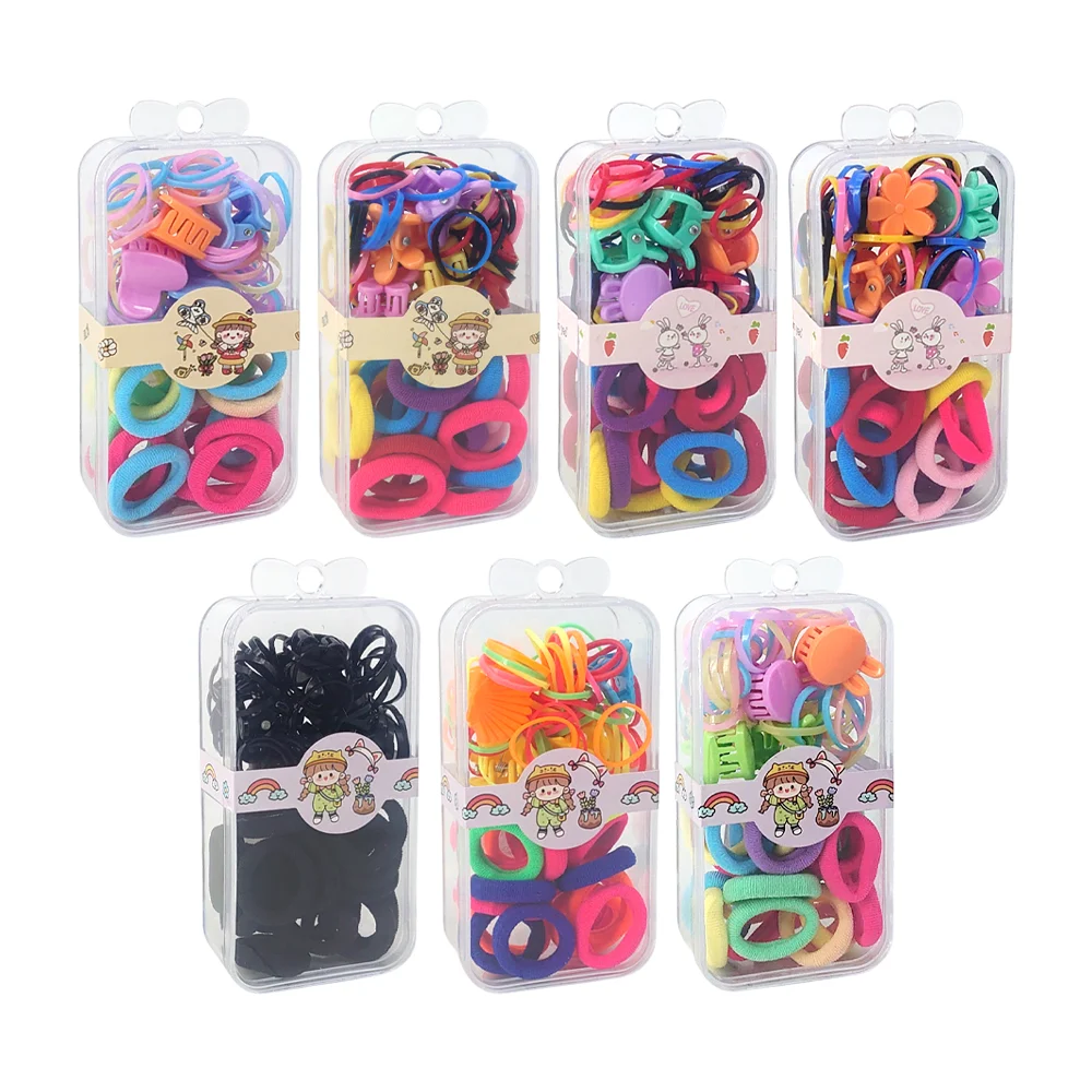 Estuche transparente con 2 diferentes tipos de ligas elásticas o de latex, con mini broches - pinzas para el cabello, variedad de colores y diseños / ay-509 / caja ligas y broches