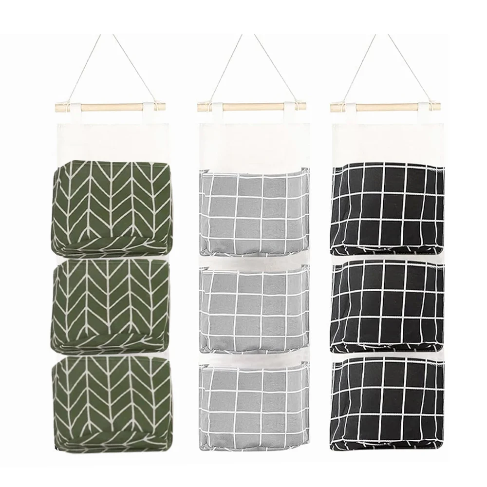 Organizador mediano de tela con 3 compartimentos, soporte colgante de bambú, variedad de colores / organizador colgante / ay-635 / soporte puerta