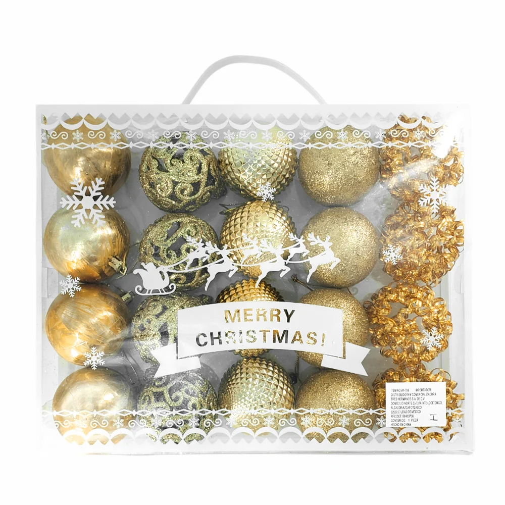Caja transparente tipo maletin con 20 adornos navideños colgantes, esferas metálicas o regalos, variedad de modelos y colores / ay-800 / ay-787