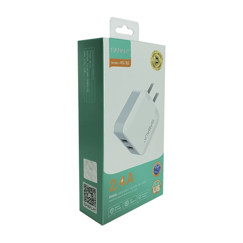 Cubo cargador de carga rápida sabala con 2 puertos usb, 2.4a / as-312