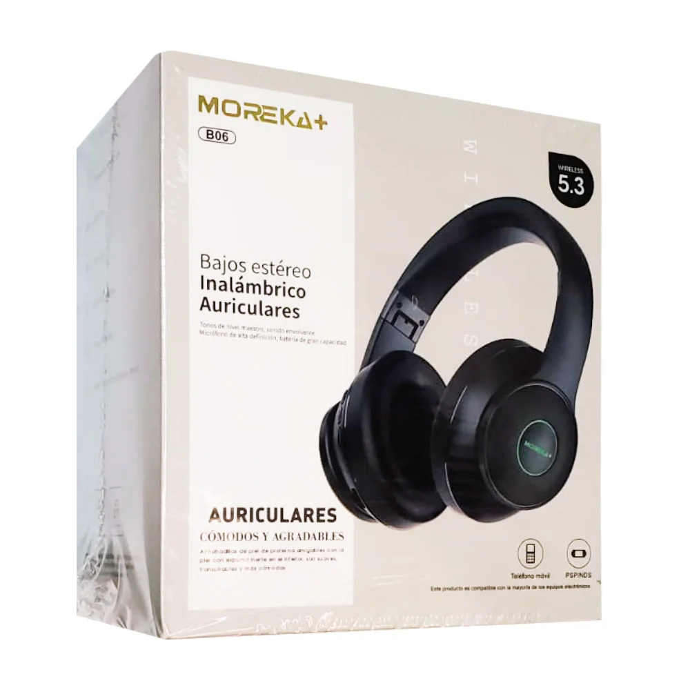 Diadema inalámbrica bluetooth moreka con radio fm, entrada de audio aux, luces rgb y puerto tf / b06