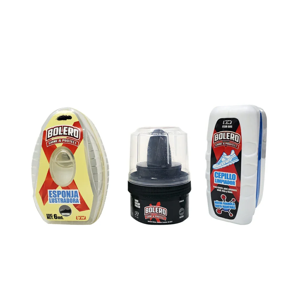 Paquete kit bolero express color negro con esponja lustradora, crema con aplicador para calzado color negro y cepillo limpiador anti manchas / 905