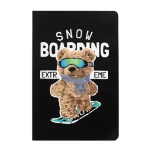 Cuaderno libreta a5 mikirei de pasta negra con estampado de oso y hoj…