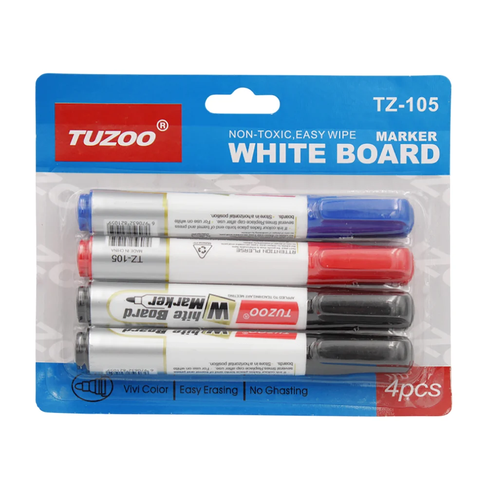 Blíster de papelería con 4 marcadores para pizarrón, cilíndricos, con detalles en color metálico, variedad de usos / tz-105 / tuzoo / b2233