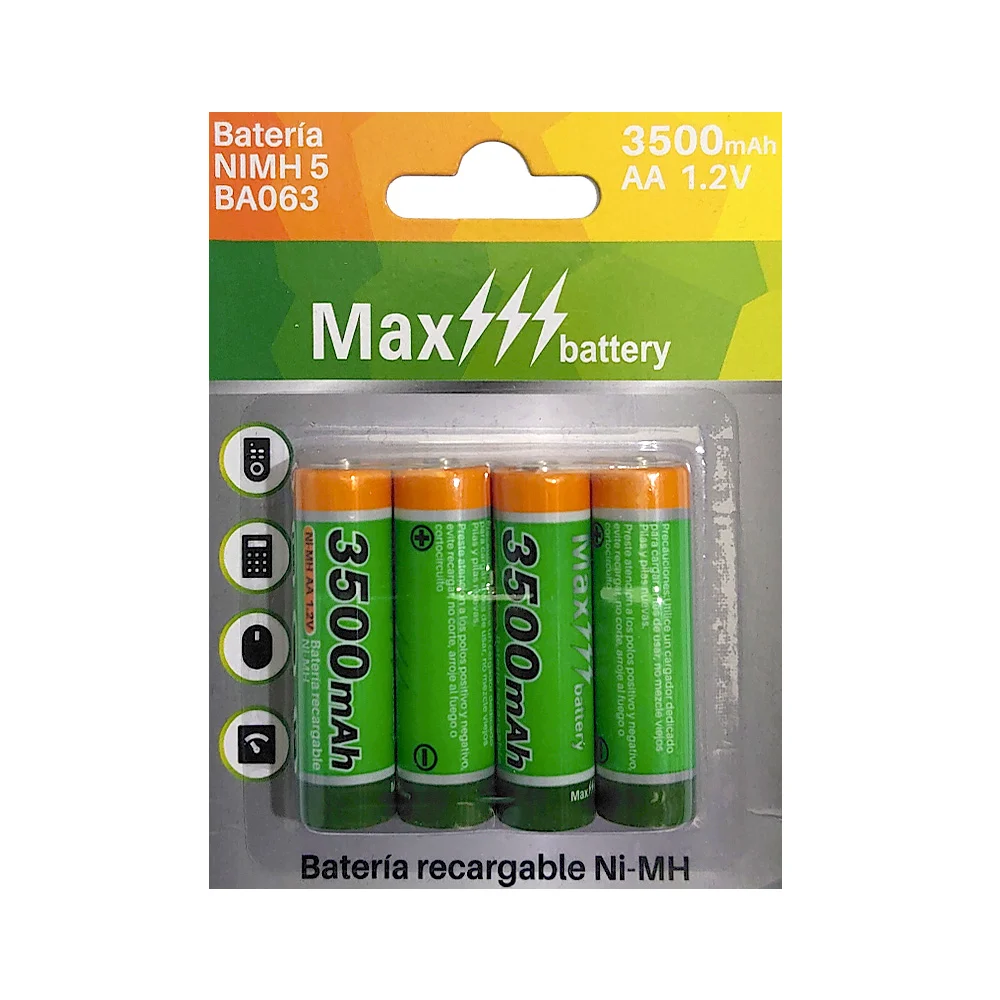 Blíster con 4 pilas baterías recargable ni-mh max battery aa, 3500mah, 1.2v / ba063