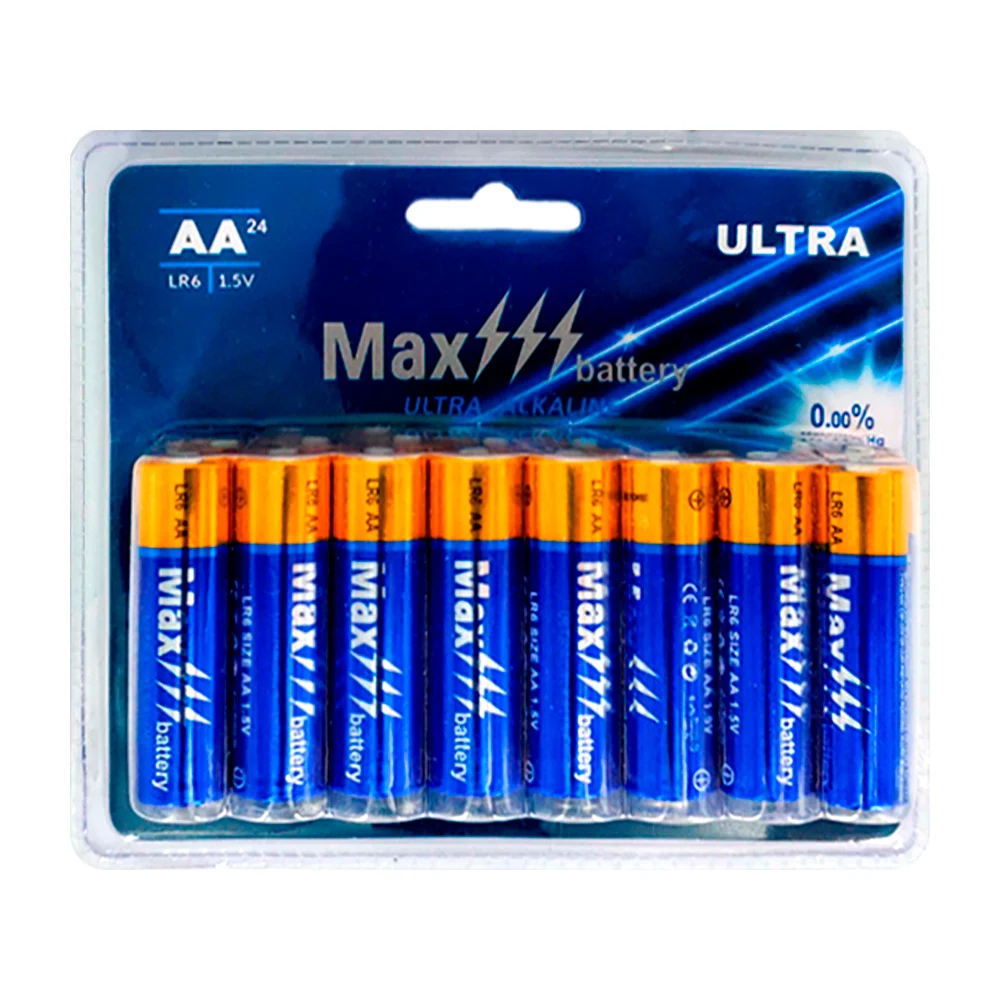 Blíster con 24 baterías pilas alcalinas max battery aa, lr6, 1.5v / ba071