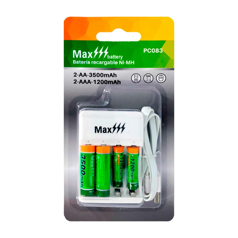 Blíster con cargador universal para baterías pilas recargables max battery con 2 pilas doble a y 2 pilas triple a / pc083