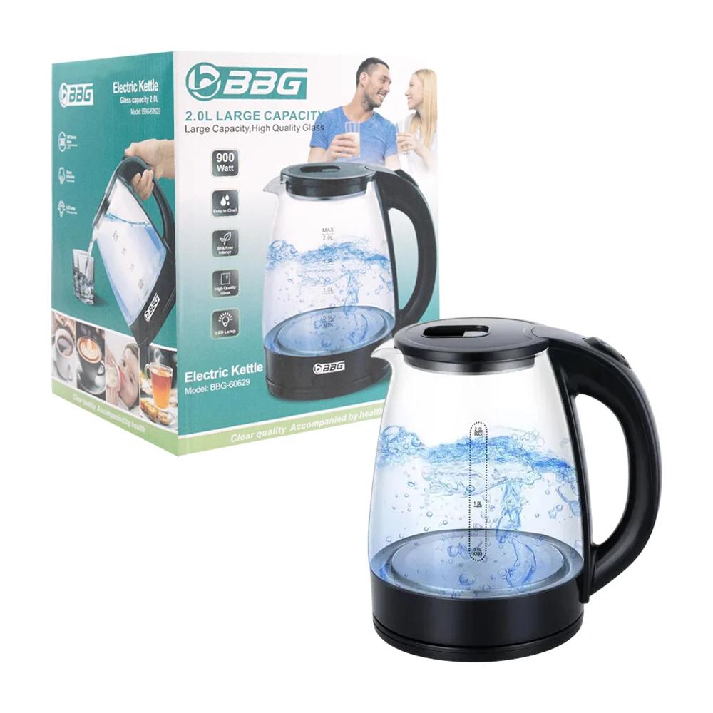 Hervidor eléctrico tipo jarra de vidrio con capacidad de 2 litros, apagado automático, luz indicadora y base redonda de alimentación, 900w / bbg-60629 / electric kettle / bbg