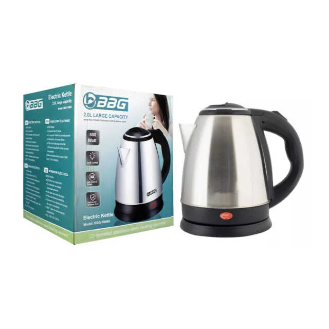 Hervidor eléctrico tipo jarra de acero inoxidable con capacidad de 2 litros, apagado automático, luz indicadora y base redonda de alimentación, 800-900w / bbg-70069 / bbg-60628 / bbg electric kettle