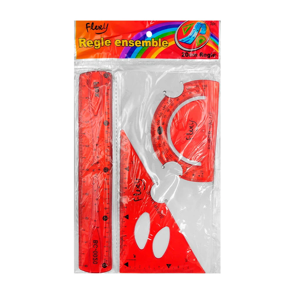 Juego de geometría flexible de 3 piezas con regla de 20cm, transportador y escuadra, variedad de colores / bc-0020 / x248 / regle ensemble