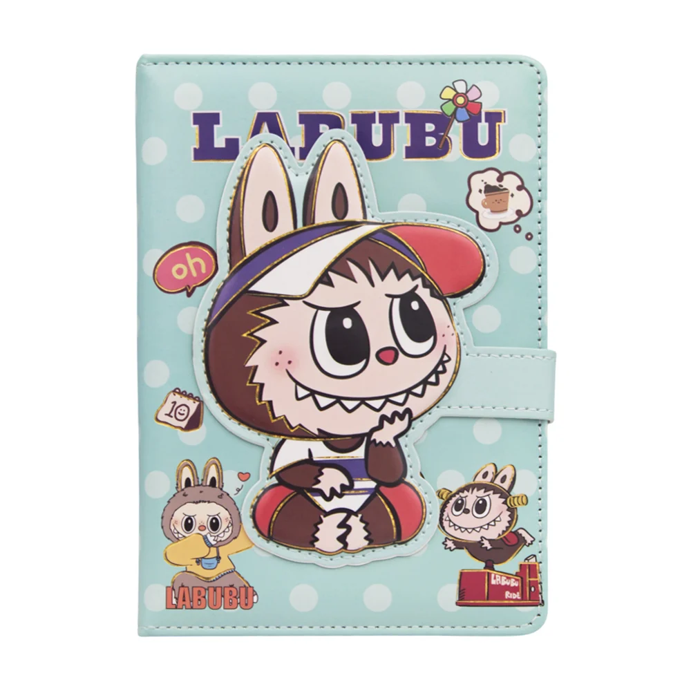Libreta rectangular de pasta cocida, acolchada con estampado de labubus + broche / bc-80